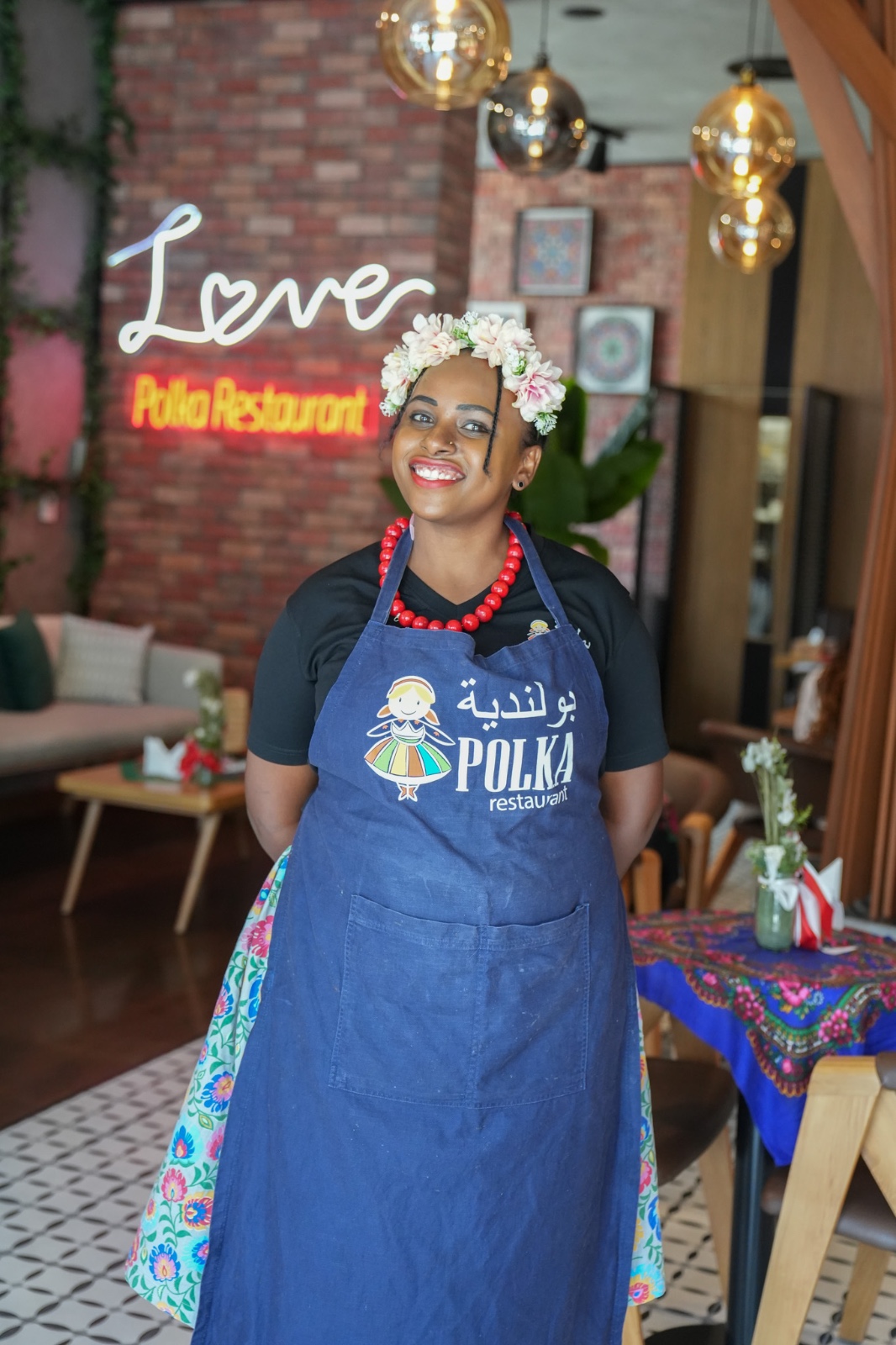 Polka team member in traditional folk apron