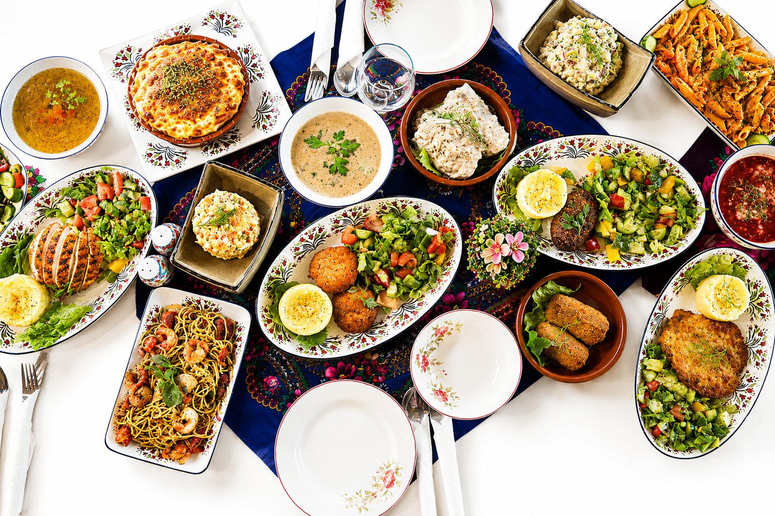 Traditional Eastern European feast spread with soups, salads, and mains