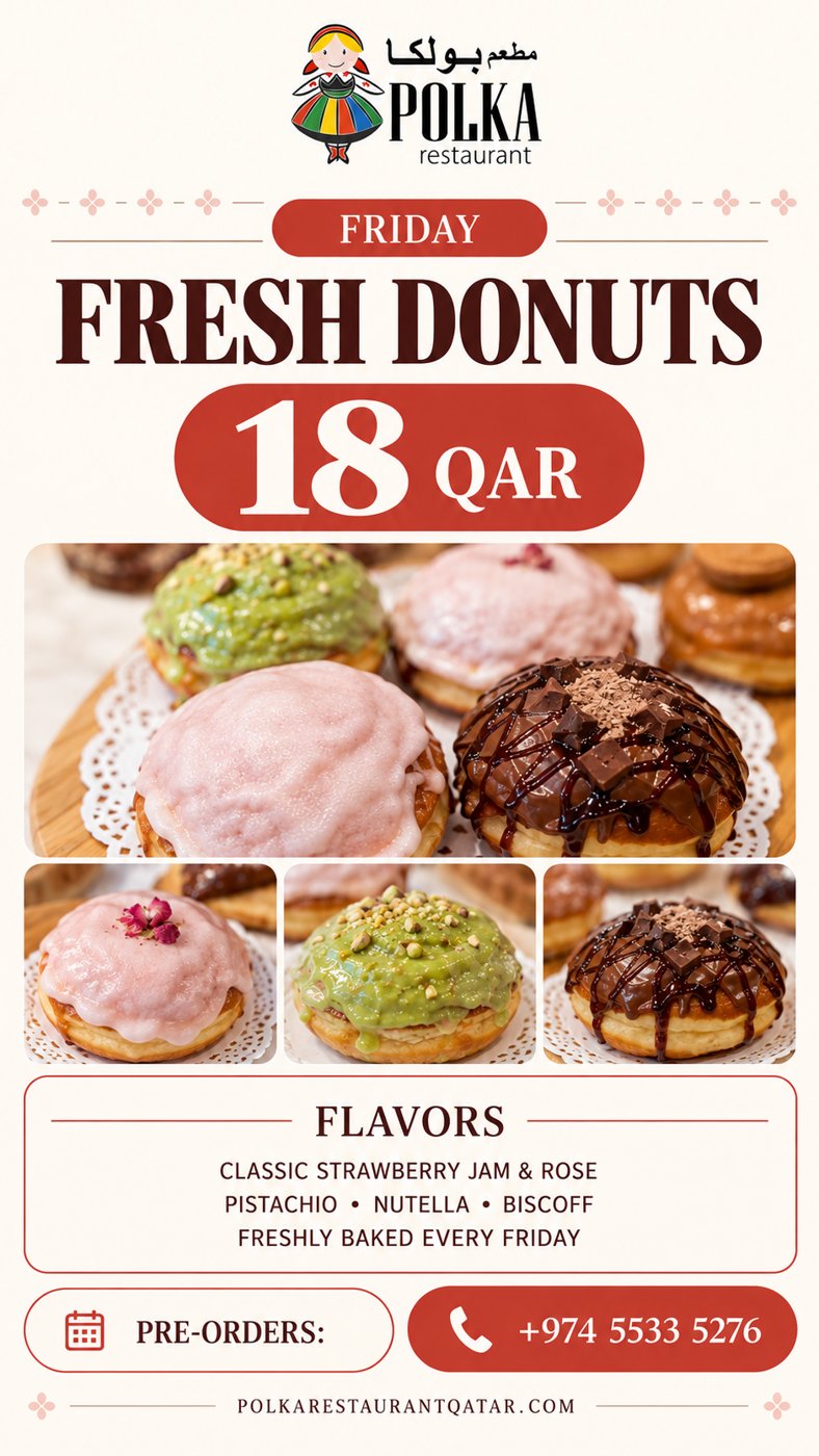 Polka Fresh Donuts poster — 18 QAR, freshly baked every Friday